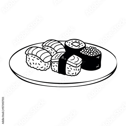 Assorted sushi platter with nigiri and rolls on plate. Vector hand-drawn doodle illustration