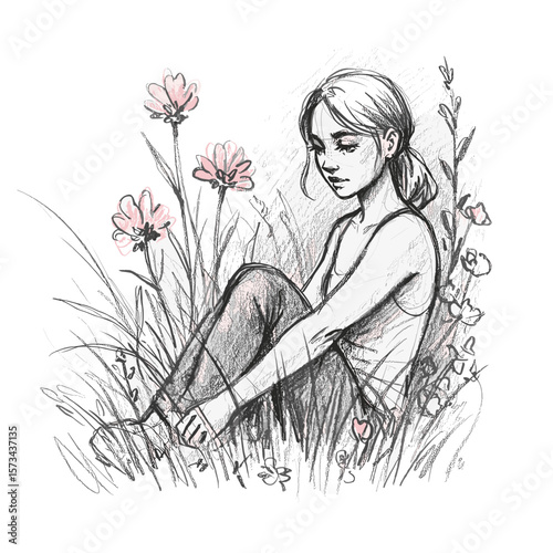 Young girl sitting among flowers in a grassy field  