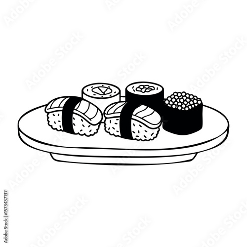 Black and white sushi platter with nigiri and maki rolls illustration. Vector hand-drawn doodle illustration