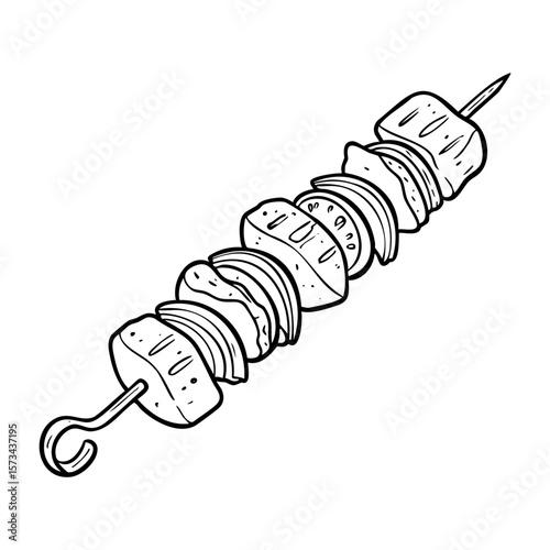 Skewered grilled foods line art drawing. Vector hand-drawn doodle illustration