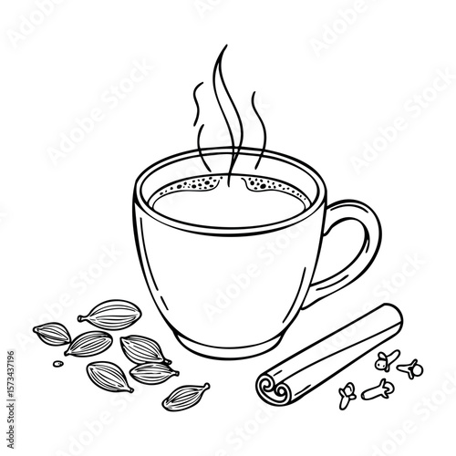 Black tea with cinnamon and cardamom line art illustration. Vector hand-drawn doodle illustration