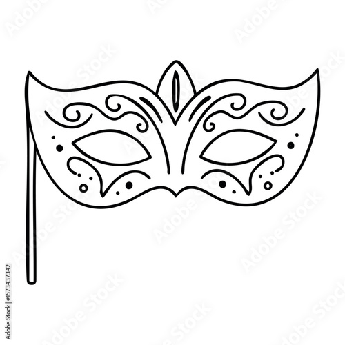 Ornate venetian mask with elegant swirls and dots on stick. Vector hand-drawn doodle illustration