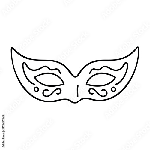 Decorative party mask outline with intricate design elements. Vector hand-drawn doodle illustration