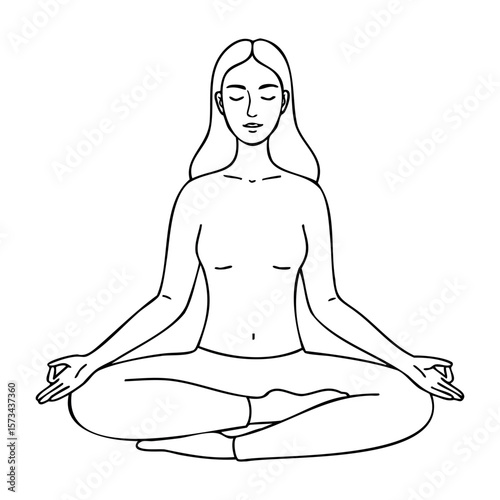 Female adult meditating in lotus position line art illustration. Vector hand-drawn doodle illustration