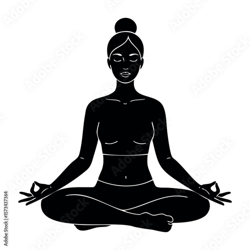 Silhouette of young african female in lotus pose practicing yoga. Vector hand-drawn doodle illustration