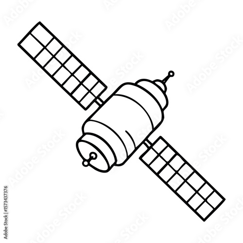 Outline of a satellite with solar panels in space. Vector hand-drawn doodle illustration