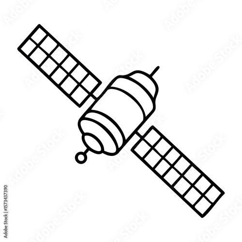 Detailed illustration of a space satellite with solar panels in orbit. Vector hand-drawn doodle illustration