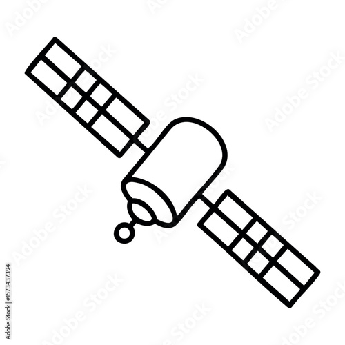 Futuristic space satellite with solar panels orbiting earth. Vector hand-drawn doodle illustration
