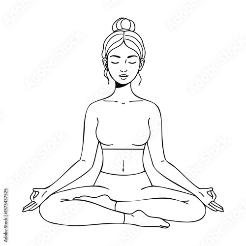 Line art of young caucasian female practicing yoga in lotus pose. Vector hand-drawn doodle illustration