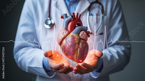 Doctor holding anatomical heart with electrocardiogram image