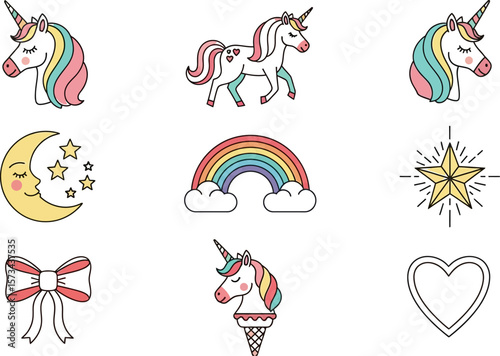 Cute unicorn clipart set with rainbow moon star heart bow vector graphics