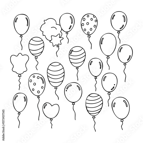 Hand-drawn balloon collection: variety of shapes and patterns for celebrations. Vector hand-drawn doodle illustration
