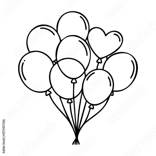Outline of balloons cluster with heart shape included in line art style. Vector hand-drawn doodle illustration