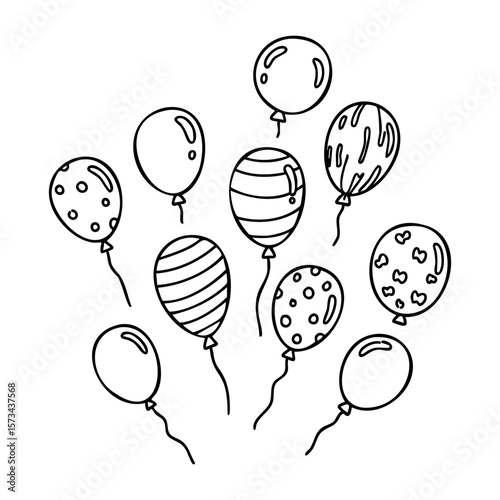 Simple line art of various decorative balloons in different patterns. Vector hand-drawn doodle illustration