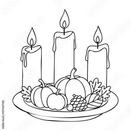 Candlelit harvest arrangement with pumpkins and leaves on a plate. Vector hand-drawn doodle illustration