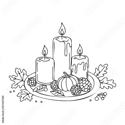Autumn candle display with pumpkin and pinecones. Vector hand-drawn doodle illustration
