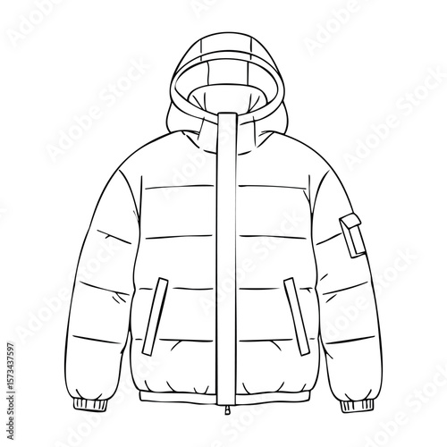 Detailed outline of a puffer jacket with pockets and hood. Vector hand-drawn doodle illustration