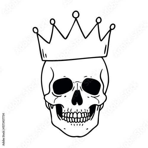 Crowned skull illustration with detailed line art. Vector hand-drawn doodle illustration