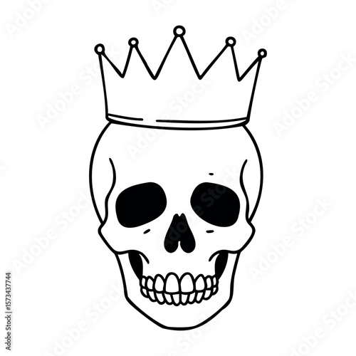 Simple crowned skull outline design with intricate details. Vector hand-drawn doodle illustration