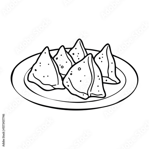 Outline of samosas on a plate. Vector hand-drawn doodle illustration