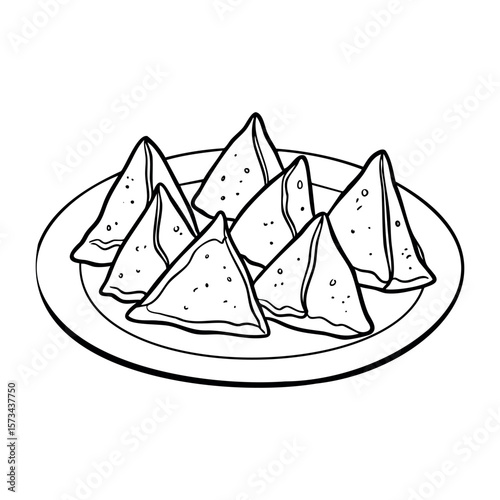 Plate of baked samosas arranged in a triangle pattern. Vector hand-drawn doodle illustration