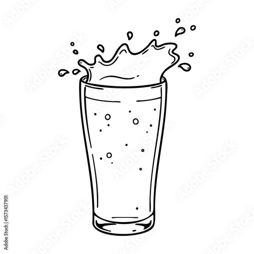Hand-drawn fizzy drink splashing in a glass line art. Vector hand-drawn doodle illustration