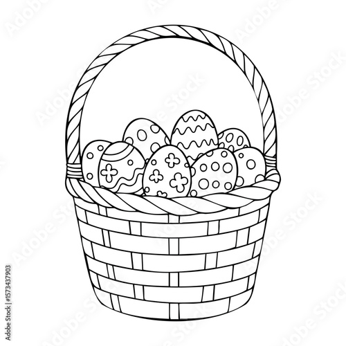Easter basket with decorated eggs for coloring activities. Vector hand-drawn doodle illustration
