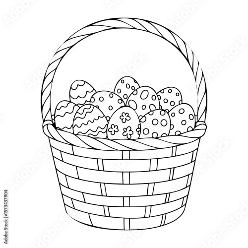 Woven basket filled with patterned easter eggs for coloring fun. Vector hand-drawn doodle illustration