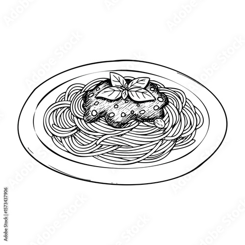 Line art drawing of spaghetti with tomato sauce and basil garnish. Vector hand-drawn doodle illustration