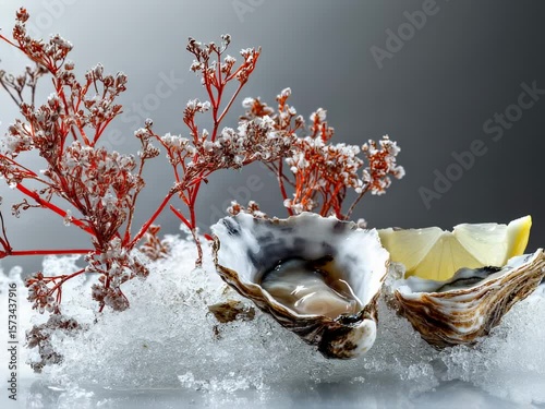 Fresh Oysters on Ice with Lemon and Sea Coral Decoration – Gourmet Seafood Close-Up