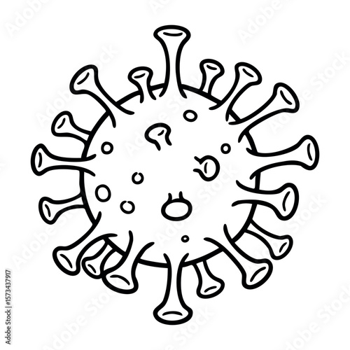 Detailed line drawing of a coronavirus structure with spike proteins. Vector hand-drawn doodle illustration