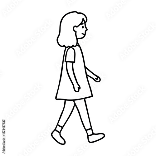 Cartoon illustration of young caucasian girl walking sideways. Vector hand-drawn doodle illustration