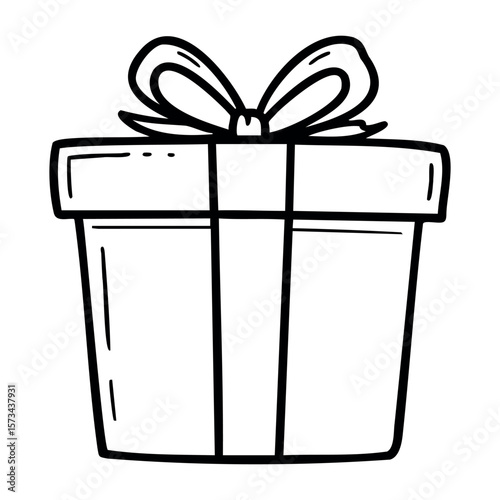 Simple line art of a gift box with ribbon. Vector hand-drawn doodle illustration