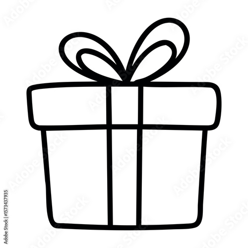Simple wrapped gift box with ribbon bow icon. Vector hand-drawn doodle illustration