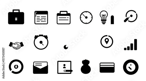Collection of business and time management icons displayed in a simple black and white design style created with generated ai