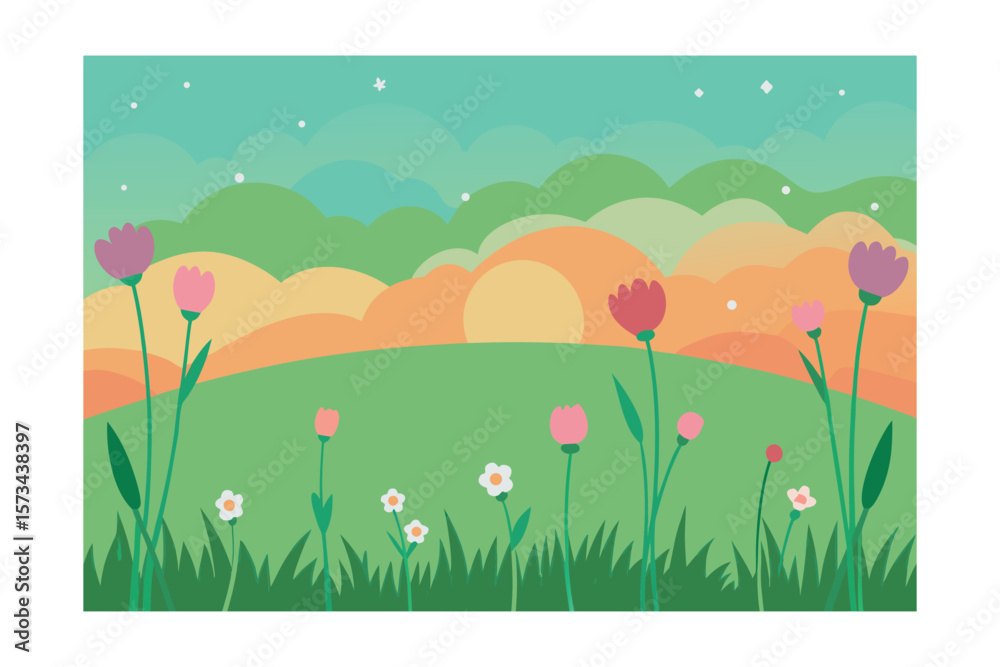 Obraz premium Wildflowers Scattered In A Green Field Lit By A Pink Glow
