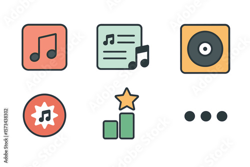 Music app icon set, featuring icons for songs, playlists, music, albums, new releases, top charts, and more