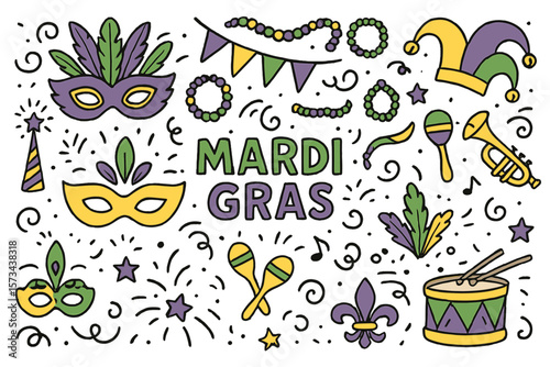 Mardi Gras doodle set featuring carnival masks and party decorations as a hand drawn vector illustration isolated on a white background