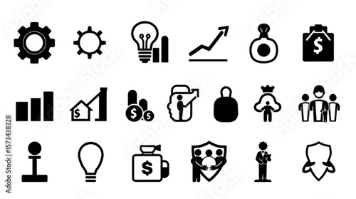 Collection of business and finance icons including gears, graphs, and currency symbols in black created with generated ai