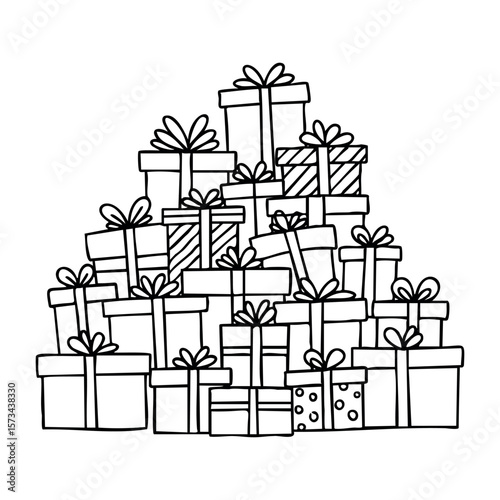 Stack of gift boxes with bows for celebrations and gifting. Vector hand-drawn doodle illustration