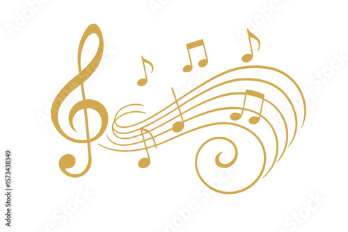 Elegant gold design element featuring music notes and treble clef on a swirling wave