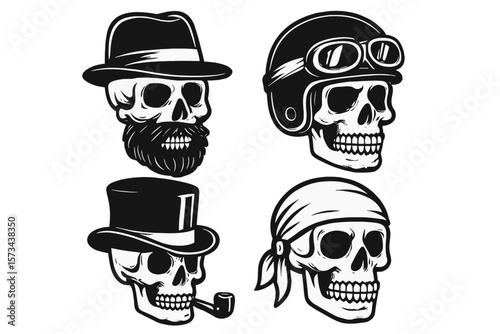 A collection of unique skull characters, each adorned with distinct hats and accessories, presented in a monochrome style and isolated on a white background