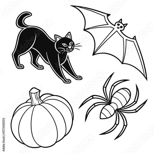 A collection of classic halloween symbols including a black cat a bat a spider and a pumpkin all rendered in a simple clean black and white outline style perfect for festive decorations and designs