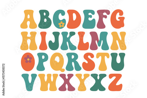 This font embodies a Flower Power hippie theme, characterized by an alphabet styled after the psychedelic artwork and lettering of the late 1960s and early 1970s