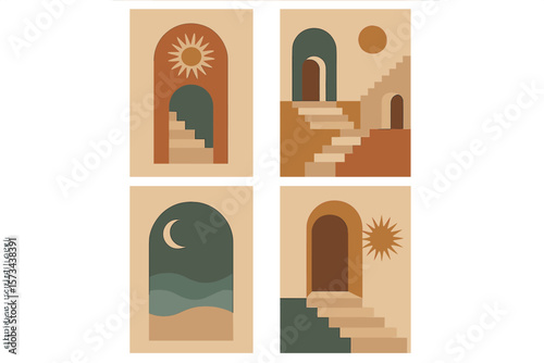 A collection of vintage bohemian hippie-inspired posters featuring surreal abstract arch doorways and architecture, suitable for wall art decoration prints, greeting cards, or music album covers