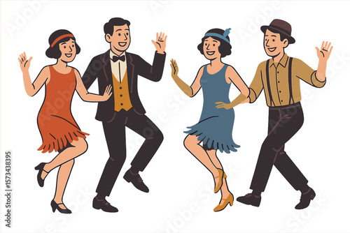 A group of young people are dancing the Charleston at a party