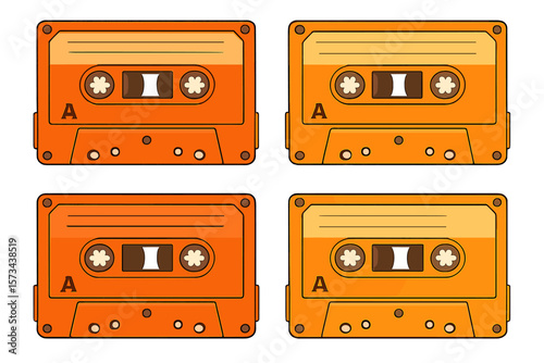A set of four plastic audio cassettes in various colors, including an orange set, depicted in a realistic retro design as a vector art image illustration isolated on a white background