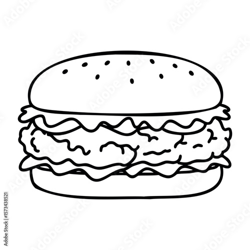 Outline of a delicious double burger with lettuce and tomato layers. Vector hand-drawn doodle illustration