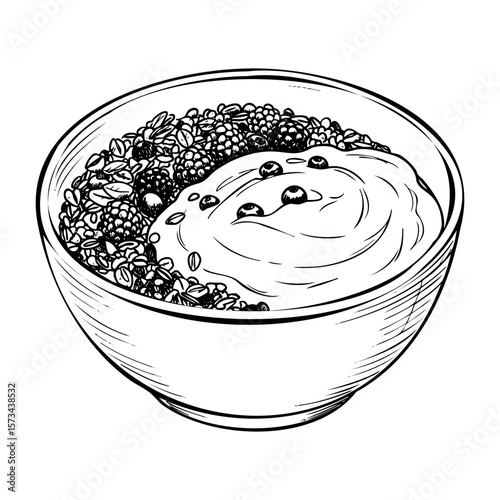 Hand-drawn bowl of yogurt with berries and seeds in intricate detail. Vector hand-drawn doodle illustration