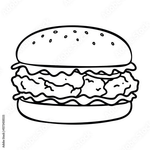 Simple line drawing of a classic cheeseburger with lettuce. Vector hand-drawn doodle illustration